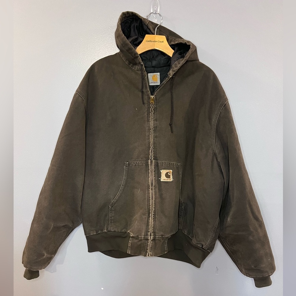 Vintage CARHARTT Quilt Lined Full Zip Hooded Canvas faded Brown/Green look